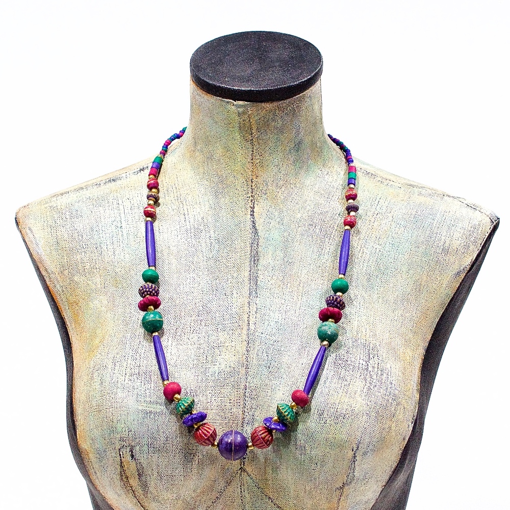 VTG 70's Enameled Brass and Bone Necklace